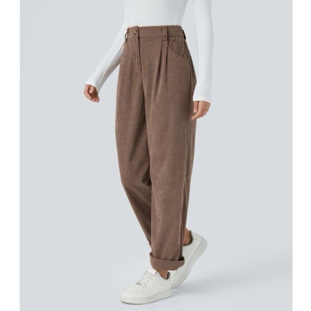 NWT Halara High Waisted Zipper Pocket Corduroy Casual Pants in Acorn Brown LT